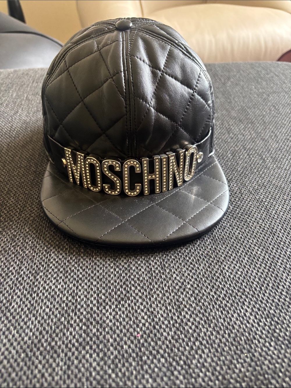 Moschino Black Quilted Leather Baseball Cap with Studded Logo Plaque